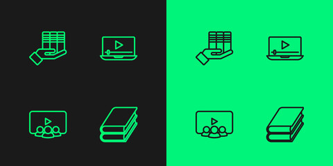 Set line Book, Online class, donation and play video icon. Vector