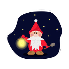 A kind dwarf gnome in the dark with a flashlight and a shovel is looking for gold