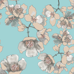 Jasmine flowers branches watercolor on turquoise background seamless pattern for all prints.