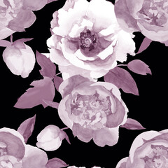 Peonies white with leaves purple watercolor on black background seamless pattern for all prints.