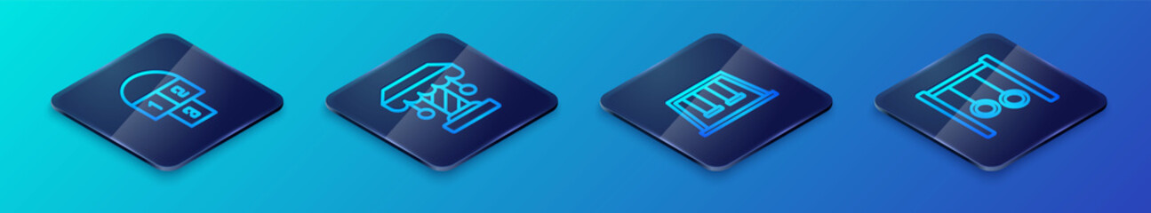 Set Isometric line Swings for kids, Hopscotch, Gymnastic rings and Attraction carousel icon. Vector