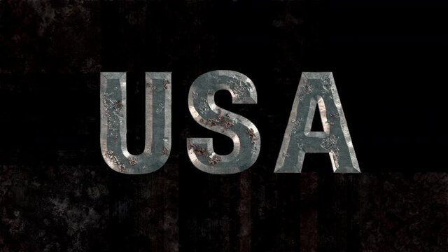 Metal title USA erodes and is covered with rust. Decay, decline, stagnation concept. Prorez with alpha, easy to place on any background.