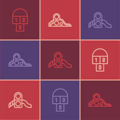 Set line Hopscotch, Slide playground and icon. Vector