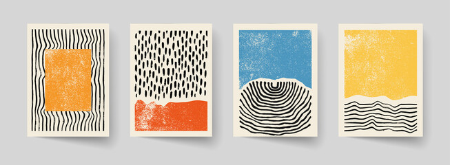 Set of abstract hand drawn compositions. Minimal geometric posters. Boho wall decor.
