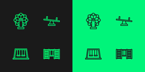 Set line Swedish wall, Swings for kids, Ferris wheel and Seesaw icon. Vector