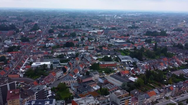 Aerial view  from downtown of the city Aalst in Belgium on a cloudy morning day