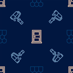 Set line Roof tile, Paint roller brush and Closed door on seamless pattern. Vector