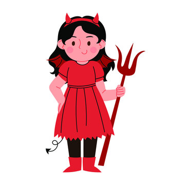 Cute devil girl. Vector illustration of a cute little girl dressed as a devil for Halloween.