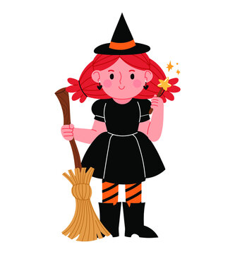 Cute little witch. Vector illustration of a cute kid dressed as a witch for Halloween.