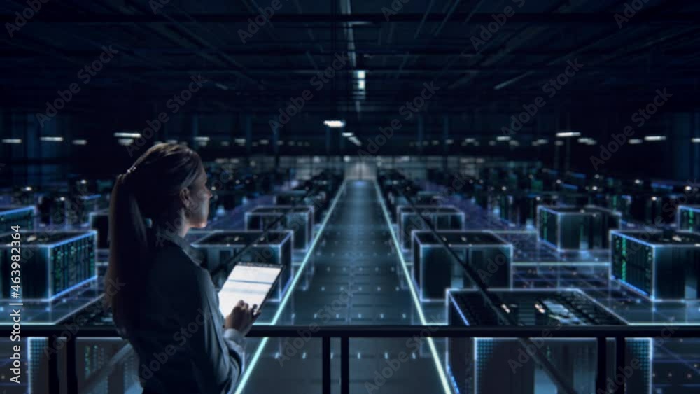 Aufkleber Successful Female Data Center IT Specialist Using Tablet Computer, Turning Augmented VFX Visualization on Server Farm Cloud Computing Facility. System Engineer Working for Cyber Data Security Company.