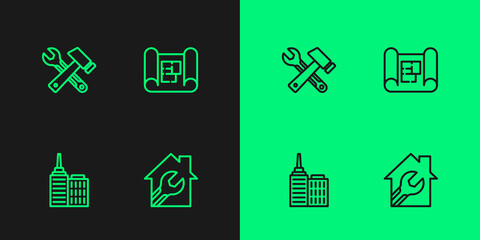 Set line House with wrench spanner, City landscape, Hammer and plan icon. Vector
