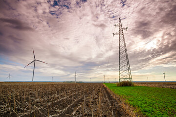 Wind turbines in Serbia, Europe. Landscape image of wind turbine park in windy lowlands.