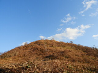 夕陽を浴びる早春の里山