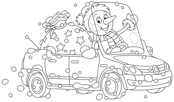 Funny snowman friendly smiling, waving its hand in greeting and driving a beautiful toy car with a big bag of Christmas gifts for children, black and white vector cartoon for a coloring book page