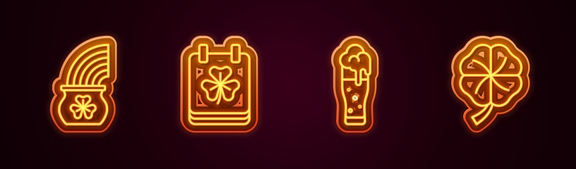 Set line Pot of gold with rainbow, Saint Patricks day calendar, Glass beer and Four leaf clover. Glowing neon icon. Vector