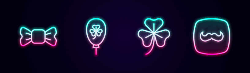 Set line Bow tie, Balloon with clover trefoil leaf, Clover and Mustache. Glowing neon icon. Vector