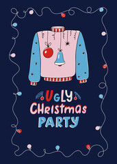 Ugly Christmas party vertical poster or card for invitation with sweater and garland. Vector illustration for holiday design
