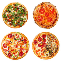 Isolated collage of various types of pizza on white