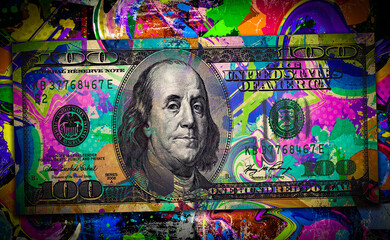 dollar banknote with creative colorful abstract elements on dark background - obrazy, fototapety, plakaty