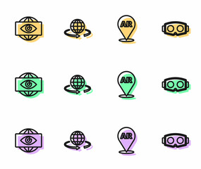 Set line Augmented reality AR, Big brother electronic eye, 3d modeling and Virtual glasses icon. Vector