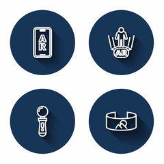 Set line Augmented reality AR, VR controller game and 360 degree view with long shadow. Blue circle button. Vector