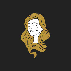 Lineart contour portrait beauty young female long golden hair with closed eyes vector illustration