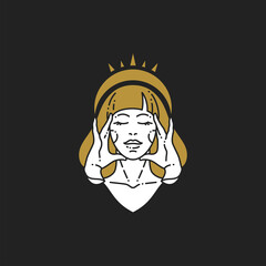 Fototapeta premium Outline linear portrait of woman golden hair mystic goddess wearing crown tiara emblem icon vector