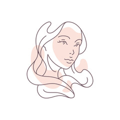 Continuous line hand drawing woman head with waving hair spot pastel color icon vector illustration