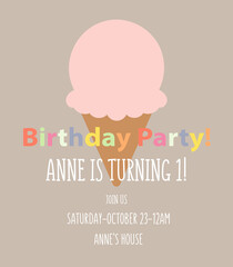 Birthday party invitation card template with a pink ice cream , cloud and number one. Vector illustration in cartoon style.