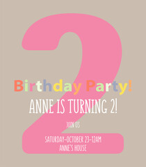 Birthday party invitation card template with a big pink number two. Vector illustration in cartoon style.