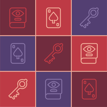 Set line Ancient magic book, Old key and Playing cards icon. Vector