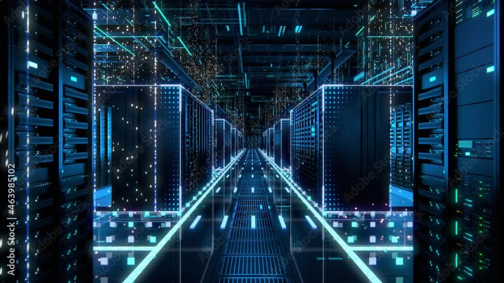 Poster Modern Data Technology Center Server Racks in Dark Room with VFX. Animated Visualization Concept of Internet of Things, Data Flow, Digitalization of Internet Traffic. Moving Back Camera Shot.