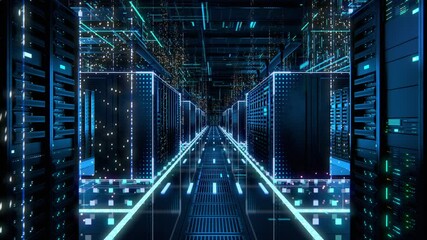 Modern Data Technology Center Server Racks in Dark Room with VFX. Animated Visualization Concept of Internet of Things, Data Flow, Digitalization of Internet Traffic. Moving Back Camera Shot. - Powered by Adobe
