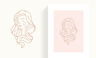 Adorable woman waving hair portrait minimalist icon pastel color postcard with border set vector