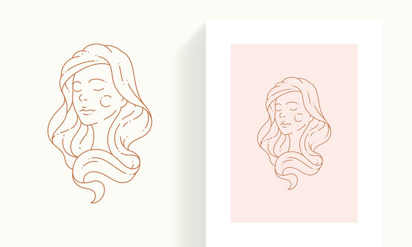 Adorable woman waving hair portrait minimalist icon pastel color postcard with border set vector