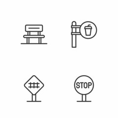 Set line Stop sign, Railroad crossing, Waiting hall and Cafe and restaurant location icon. Vector