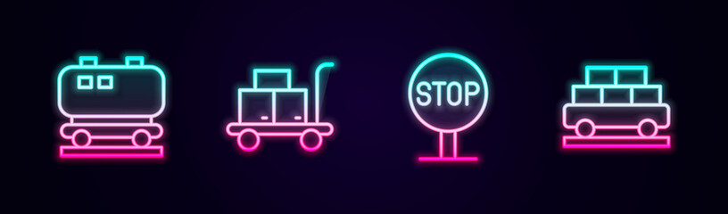 Set line Oil railway cistern, Trolley suitcase, Stop sign and Cargo train wagon. Glowing neon icon. Vector