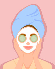Cute girl with with towel on head applied a cosmetic mask to her face. Cleansing and face care. Home spa. Vector illustration.