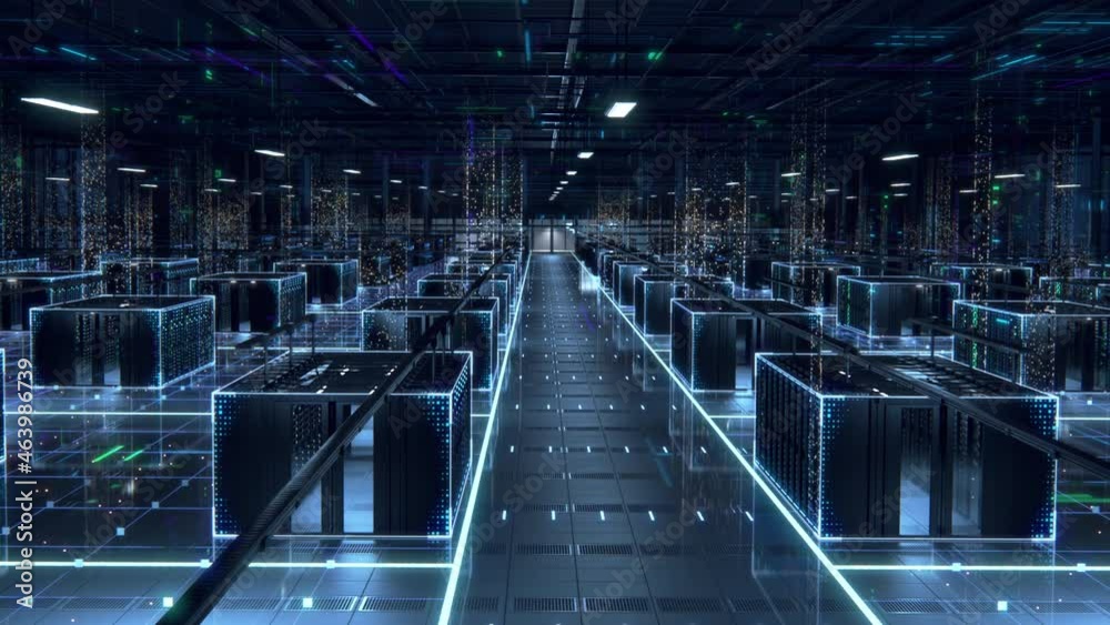 Fototapete Modern Data Technology Center Server Racks in Dark Room with VFX. Animated Visualization Concept of Internet of Things, Data Flow, Digitalization of Internet Traffic. Panning Camera Shot.