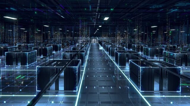 Modern Data Technology Center Server Racks in Dark Room with VFX. Animated Visualization Concept of Internet of Things, Data Flow, Digitalization of Internet Traffic. Panning Camera Shot.