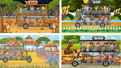 Set of different safari scenes with animals and kids cartoon character