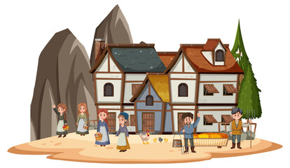 Obraz na płótnie Canvas Ancient medieval village with villagers