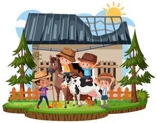 Children at the rural old farm house