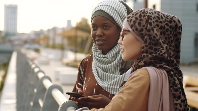 Chest-up of two young Middle Eastern and Black women wearing hijabs, standing by fencing on embankment, friends talking and smiling