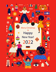 Naklejka premium Trendy vector Christmas illustration and pattern with New Year and Christmas symbols
