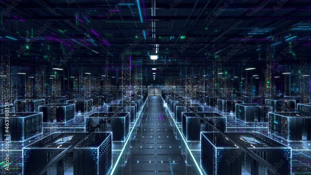 Fototapete Modern Data Technology Center Server Racks in Dark Room with VFX. Animated Visualization Concept of Internet of Things, Data Flow, Digitalization of Internet Traffic. Moving Forward Camera Shot.
