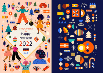 Trendy vector Christmas illustration and pattern with New Year and Christmas symbols