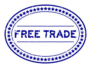 Grunge blue free trade word oval rubber seal stamp on white background