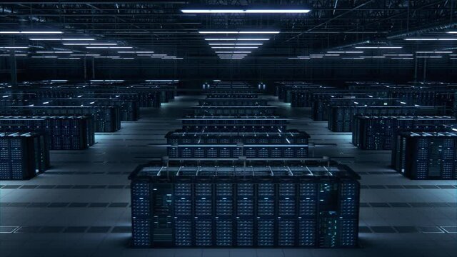Modern Data Technology Center Server Racks Working in Dark Room. Concept of Internet of Things, Big Data Protection, Storage, Cryptocurrency Farm, Cloud Computing. 3D Fast Panning Camera Shot.