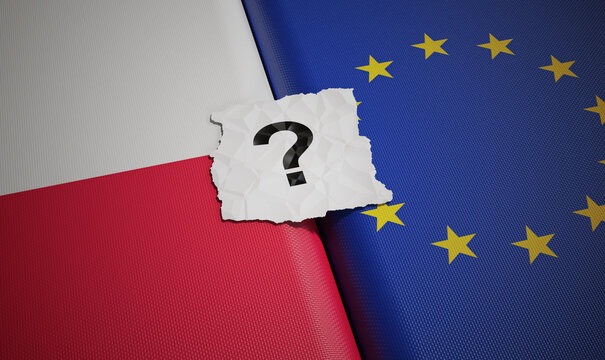 Poland and European Union flags with questionmark. Polexit concept.